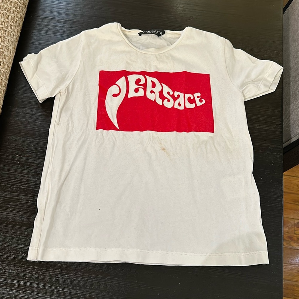 White and red Versace boys shirt size 6yr. Has some light staining.